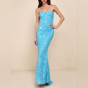 Lulu's Glam Aura Blue Iridescent Sequin Strapless Maxi Dress Large NWT